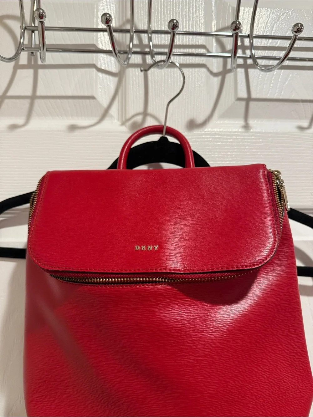 DKNY Red Leather Backpack with Gold Hardware